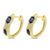 14K Yellow Gold Sapphire Hexagon Millgrain Huggie Earrings