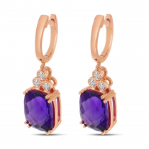 14K Rose Gold Cushion Amethyst & Diamond Millgrain Drop Earrings