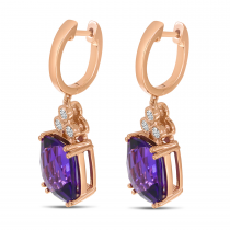 14K Rose Gold Cushion Amethyst & Diamond Millgrain Drop Earrings