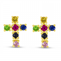 14K Yellow Gold Rainbow Sapphire Cross Stud Earrings