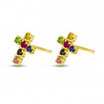 14K Yellow Gold Rainbow Sapphire Cross Stud Earrings