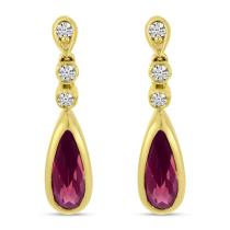 14K Yellow Gold Elongated Pear Rhodalite Garnet and Diamond Teardrop Earrings