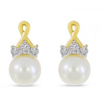 14K Yellow Gold Crossover Diamond & Pearl Earrings