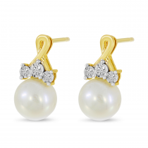 14K Yellow Gold Crossover Diamond & Pearl Earrings