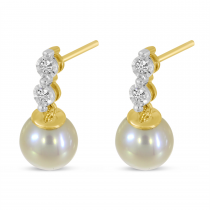 14K Yellow Gold Two Diamond & Pearl Drop Earrings