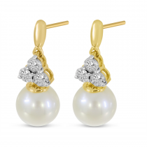 14K Yellow Gold Diamond Triangle & Pearl Earrings