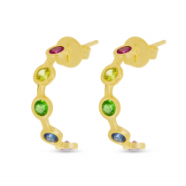 14K Yellow Gold Rainbow Sapphire Bezel Huggie Earrings