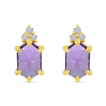 14K Yellow Gold Hexagon Amethyst & Diamond Stud Earrings