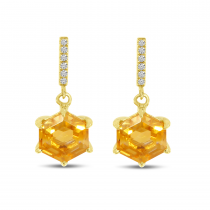 14K Yellow Gold Hexagon Citrine and Diamond Earrings