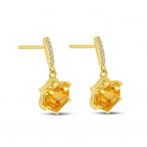14K Yellow Gold Hexagon Citrine and Diamond Earrings