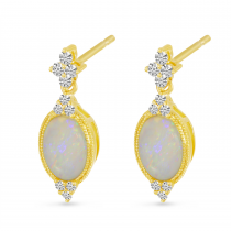 14K Yellow Gold Oval Opal Semi-Precious Millgrain Earrings