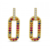 14K Yellow Gold Rainbow Sapphire & Diamond Link Earrings
