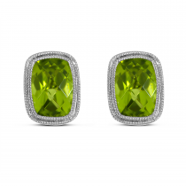 14K White Gold Cushion Peridot Millgrain Earrings