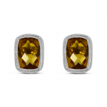 14K White Gold Cushion Citrine Millgrain Earrings