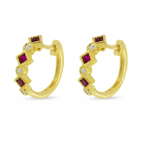 14K Yellow Gold Princess Cut Ruby & Diamond Millgrain Huggie Earrings