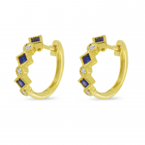 14K Yellow Gold Princess Cut Sapphire & Diamond Millgrain Huggie Earrings