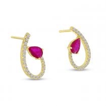 14K Yellow Gold Precious Ruby and Diamond Oval Swirl Stud Earrings