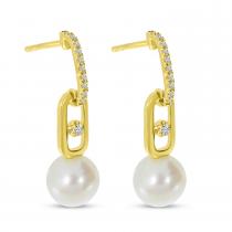 14K Yellow Gold Diamond and Pearl Drop Link Earrings