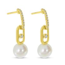 14K Yellow Gold Diamond and Pearl Drop Link Earrings