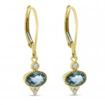 14K Yellow Gold Oval Blue Topaz and Diamond Dangle Leverback Semi Precious Earrings
