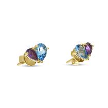 14K Yellow Gold Double Pear Amethyst and Blue Topaz Heart Stud Earrings