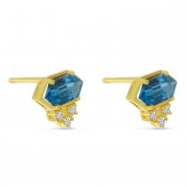 14K Yellow Gold Hexagon Blue Topaz and Diamond Stud Earrings