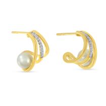 14K Yellow Gold Triple Huggie with Pearl and Diamond Earrings