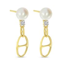 14K Yellow Gold Pearl and Diamond Link Earrings