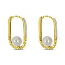 14K Yellow Gold Diamond and Pearl Twisted Elongated Hoop Earrings