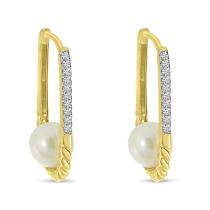 14K Yellow Gold Diamond and Pearl Twisted Elongated Hoop Earrings