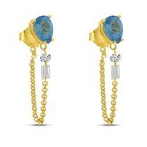 14K Yellow Gold Round and Baguette Dashing Diamonds with Pear Shape Blue Topaz Front/Back Chain Stud Earrings