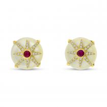 14K Yellow Gold Mother of Pearl with Diamond and Ruby Button Earrings