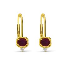 14K Yellow Gold Oval Ruby and Diamond Millgrain Leverback Earrings