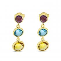 14K Yellow Gold Graduated Amethyst, Blue Topaz and Citrine Triple Bezel Semi Precious Dangle Earrings