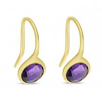 14K Yellow Gold Round Bezel Set Amethyst Semi Precious Wire Earrings