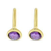 14K Yellow Gold Round Bezel Set Amethyst Semi Precious Wire Earrings