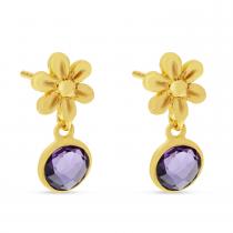 14K Yellow Gold Round Amethyst Bezel Floral Earrings