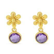 14K Yellow Gold Round Amethyst Bezel Floral Earrings