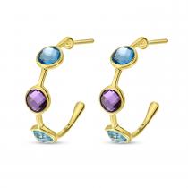 14K Yellow Gold Amethyst and Blue Topaz Triple Bezel Hoop Semi Precious Earrings