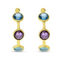 14K Yellow Gold Amethyst and Blue Topaz Triple Bezel Hoop Semi Precious Earrings