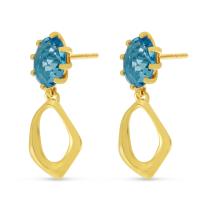 14K Yellow Gold Oval Blue Topaz Semi Precious Dangle Earrings