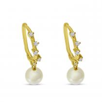 14K Yellow Gold Diamond Huggie with Pearl Dangle Earrings