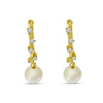 14K Yellow Gold Diamond Huggie with Pearl Dangle Earrings