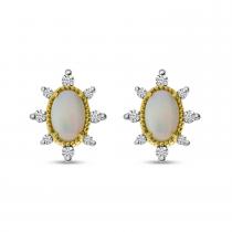 14K Yellow Gold Oval Opal with Diamond Halo Earrings