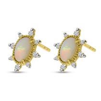 14K Yellow Gold Oval Opal with Diamond Halo Earrings