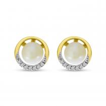14K Yellow Gold Pearl with Diamond Circle Stud Earrings