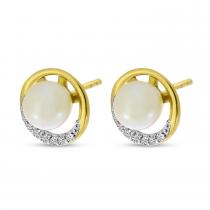 14K Yellow Gold Pearl with Diamond Circle Stud Earrings