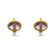 14K Yellow Gold Oval Amethyst and Diamond Bezel Stud Earrings
