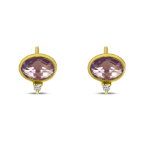 14K Yellow Gold Oval Amethyst and Diamond Bezel Stud Earrings