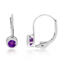 14K White Gold Round Amethyst Bezel Lever-back Earrings